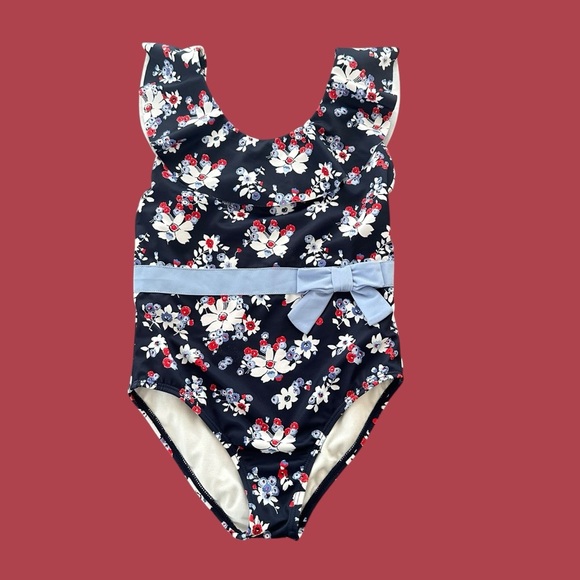 Janie and Jack Girls size 7 Navy Floral Ruffle One Piece swimsuit Swim wear Bow - Picture 1 of 4